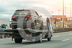 Car Service Transportation Concept, transporting Car On Motorway Freeway Highway. Help On Road. Transportation Faults And