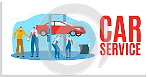 Car service vector illustration. Workers in uniforms diagnose, repair engine. Equipment, tools for professional