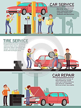 Car services and auto garag vector marketing banners with cartoon mechanic workers