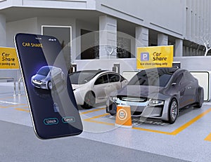 Car share parking lot and smartphone app for sharing