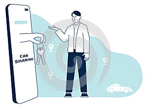 Car sharing app concept. Smartphone screen with car keys