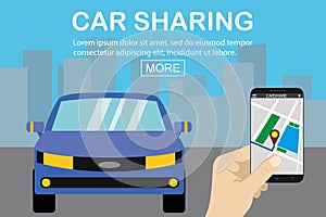 Car sharing concept,blue car and hand holding smartphone with ca