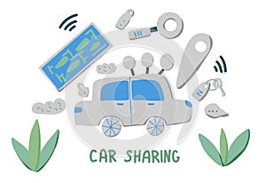 Car sharing concept. Vector flat text and decor.