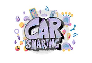 Car sharing concept. Vector flat text and decor.
