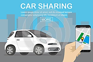 Car sharing concept,white car and hand holding smartphone with c