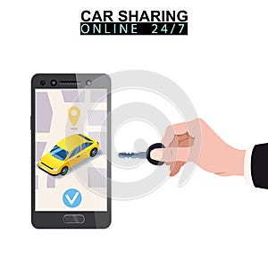 Car sharing isometric. Hand hold key smartphone screen with city map route and points location yellow car. Online mobile