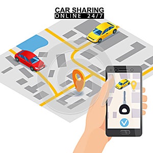Car sharing isometric. Hand hold smartphone screen with city map route key and points location car. Online mobile