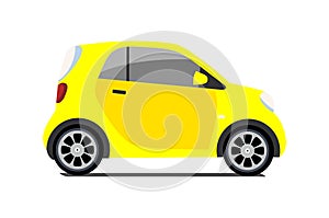 Car sharing logo, vector city micro yellow car. Eco vehicle icon isolated white background. Cartoon vector illustration.