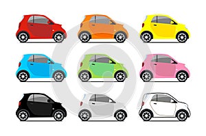 Car sharing logos, vector city micro car set. Eco vehicle icons isolated white background. Cartoon vector illustration.
