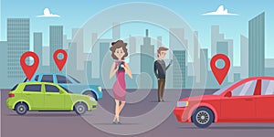 Car sharing. Man and woman looking for vehicle with smartphone app. Rent car online