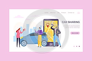 Car sharing mobile app service, vector illustration. Online order and map on smartphone, people character rent transport