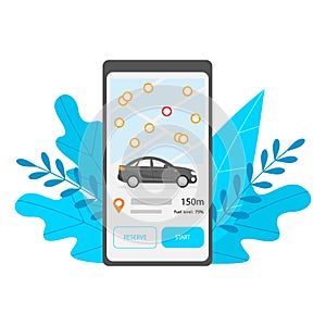 Car sharing mobile application. Phone screen with the ability to select the nearest car on the map and reserve