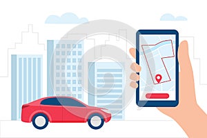 Car Sharing, Navigation, Location App Concept. Red car and hand holding smartphone with carsharing app. Vector