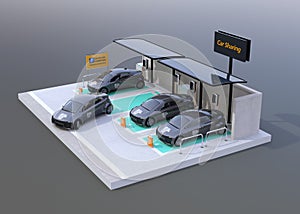 Car sharing parking lot equipped with solar panel, battery isolated on gray background