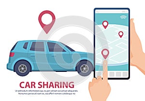Car sharing. Rent car online mobile app web page concept. Vector find vehicle on map illustration. Blue automobile