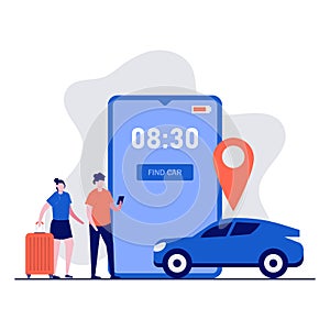 Car sharing service app concept with characters. People ordering online taxi car, rent and sharing location with mobile