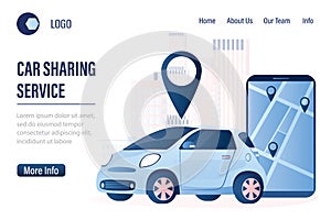 Car sharing service background template. Landing page with vehicle for a short time. Modern car and smartphone with app
