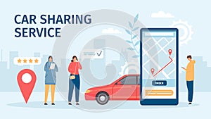 Car sharing service. Big smartphone screen with mobile app and people ordering cars for share or rent. Flat online carsharing