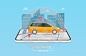 Car sharing service design concept. Checking taxi or car service app on mobile phone with GPS navigation location. City building