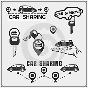 Car sharing service emblems and logos. Transport renting service mobile app. Vector illustration.
