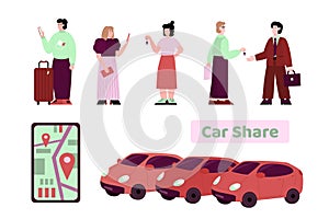 Car sharing service, people searching taxi or order rent vehicle online.