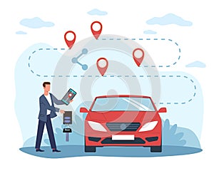 Car sharing service, rental automobile. Businessman standing near red auto, hold smartphone, application with location mark and