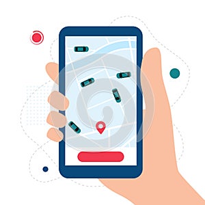 Car Sharing, Taxi, Rent a car App Concept. Hand holding smartphone with carsharing app and location. Vector illustration