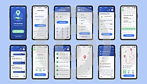 Car sharing unique design kit for mobile app. Online rent car order screens with map navigation and user account menu. Car booking