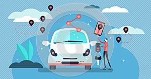 Car sharing vector illustration. Flat tiny persons concept with transport.