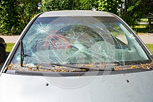 Car with a shattered windshield due to a violent break-in or accident