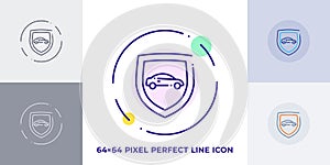 Car on shield line art vector icon. Outline symbol of vehicle protection. Security pictogram made of thin stroke