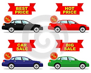 Car showroom. Big sale. Hot price. Set of discount icons for cars. Colored business class automobile isolated on white