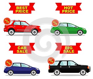 Car showroom. Big sale. Hot price. Set of discount icons for cars. Colored business class automobile isolated on white background