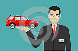 Car showroom. Big sale. Manager sells new business class automobile. Detailed illustration of businessman and red auto