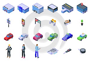 Car showroom icons set isometric vector. Dealer auto