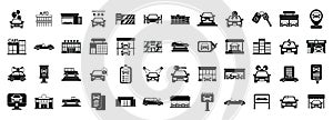Car showroom icons set simple vector. Building dealer auto