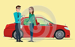 Car Showroom. Manager sells and woman buying a new car Vector