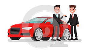 Car showroom. Purchase sale or rental car. Seller man hands over