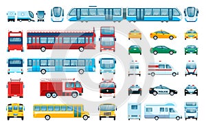 Car side front back view. Urban vehicles Passenger car, taxi, police car, train. Flat city public transport from