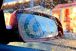 Car Side View Mirror with Rain Drops