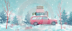 Car side view with stack of luggage on background of snow trees. Numerous bags on top of car. Family traveling by car in