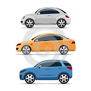 Car side view vector set, colorful flat style