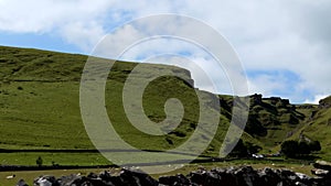 Car side window view of Winnats Pass driving on Old Mam Tor road