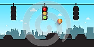 Car Silhouettes with Traffic Lights and Skyline