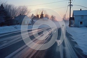 car skidding marks on an icy road with snowbanks