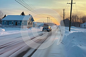 car skidding marks on an icy road with snowbanks