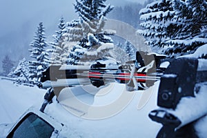 Car with skis on the roof rails at winter forest