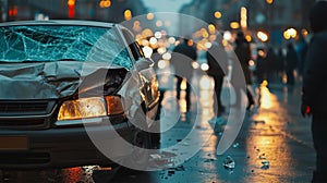 A car is smashed and has a smashed headlight