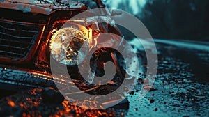 A car is smashed and the headlight is shattered