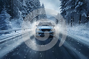 Car on a snowy road, winter forest landscape, winter travel in a blizzard